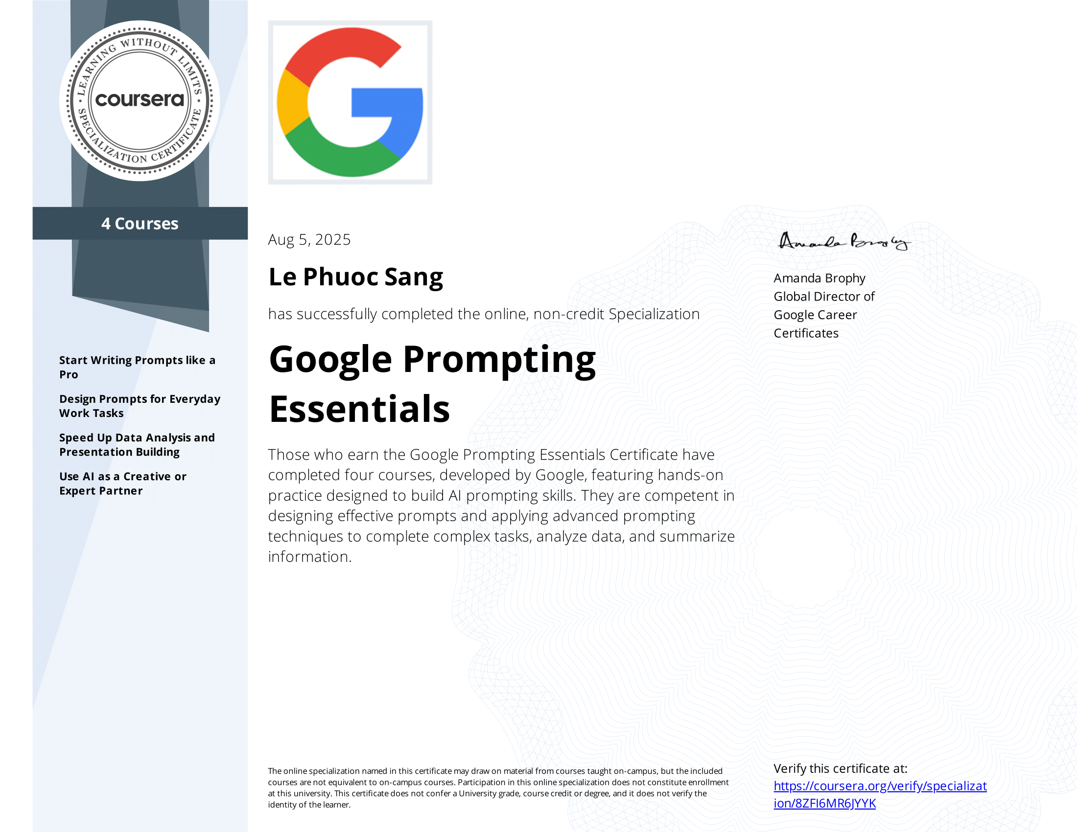 Google Prompting Essentials certificate