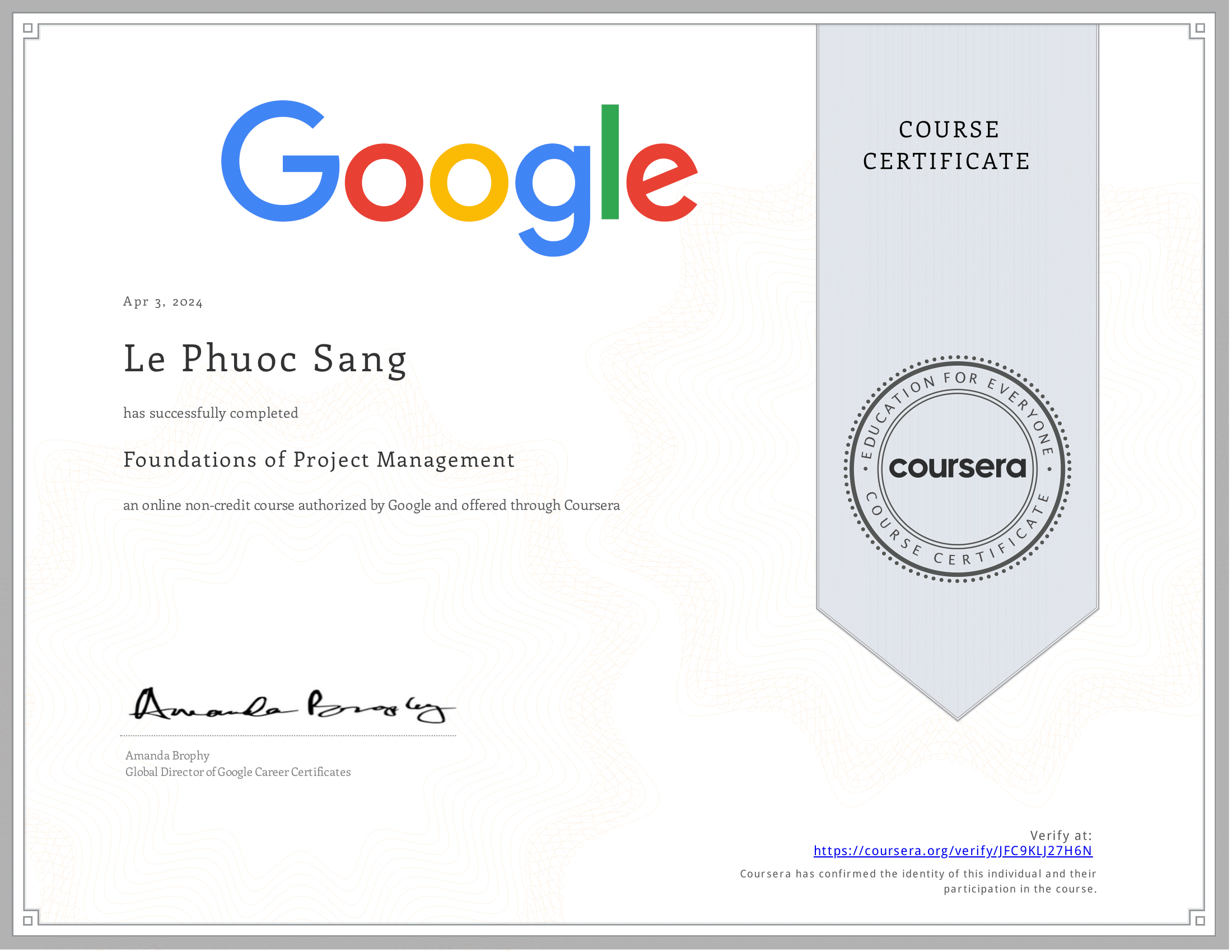 Foundations of Project Management certificate