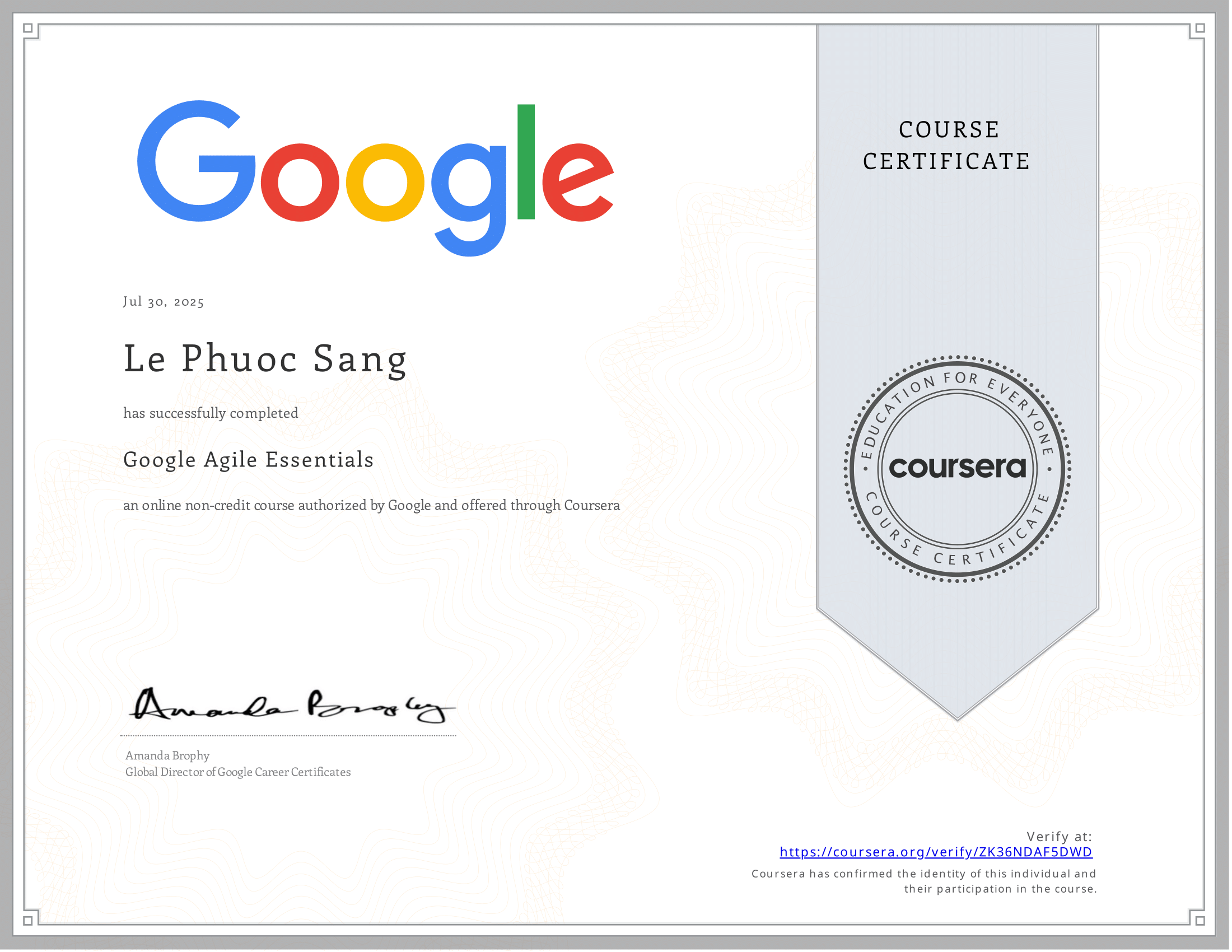 Google Agile Essentials certificate